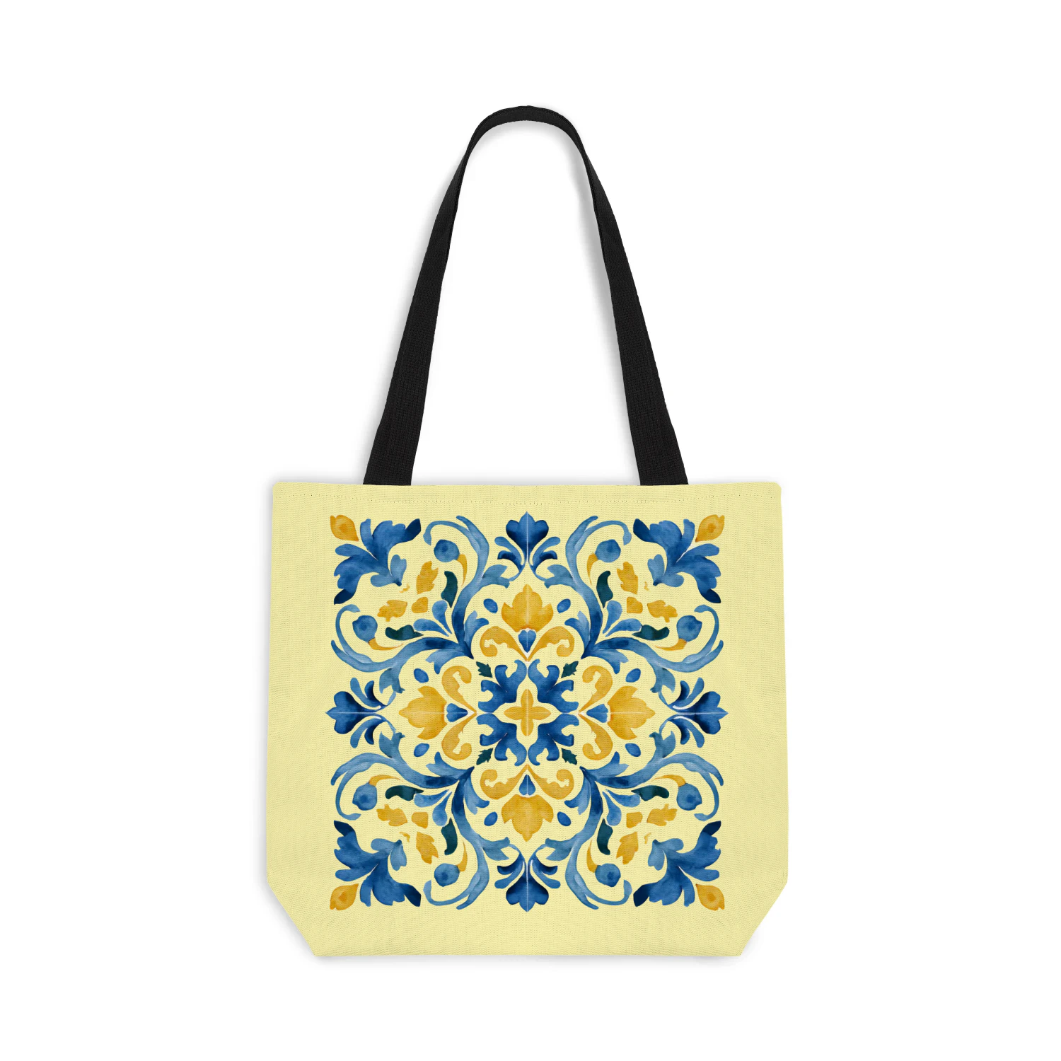 Mediterranean Tile Tote Bag – Blue & Yellow Portuguese Style Canvas Tote