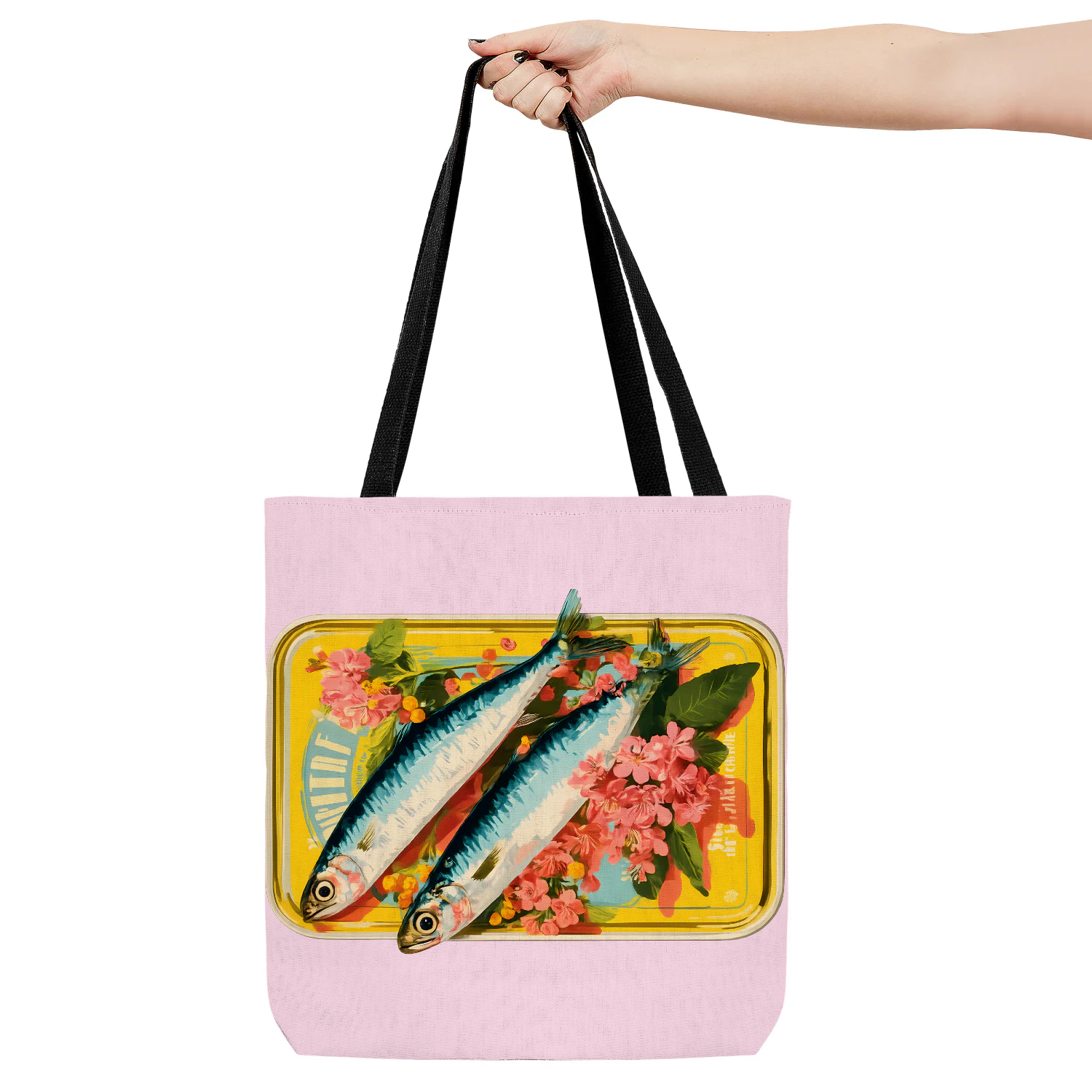 Vintage Sardine Floral Tote Bag – Artistic Fish & Flower Canvas Tote