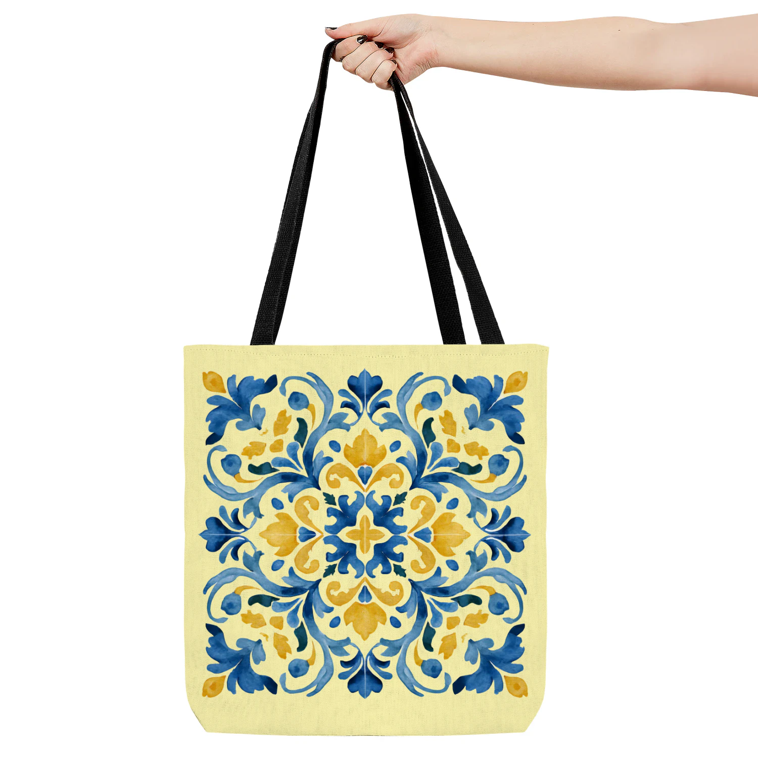 Mediterranean Tile Tote Bag – Blue & Yellow Portuguese Style Canvas Tote
