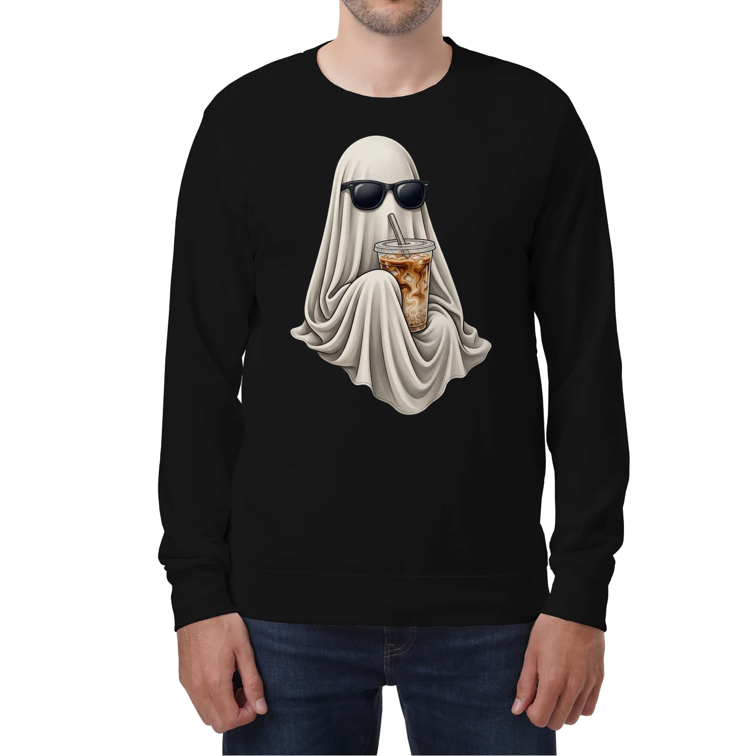 Ghost Drinking Coffee Sweatshirt, Retro Iced Latte Crewneck, Vintage Halloween Ghost Sweatshirt, Spooky Season Gift