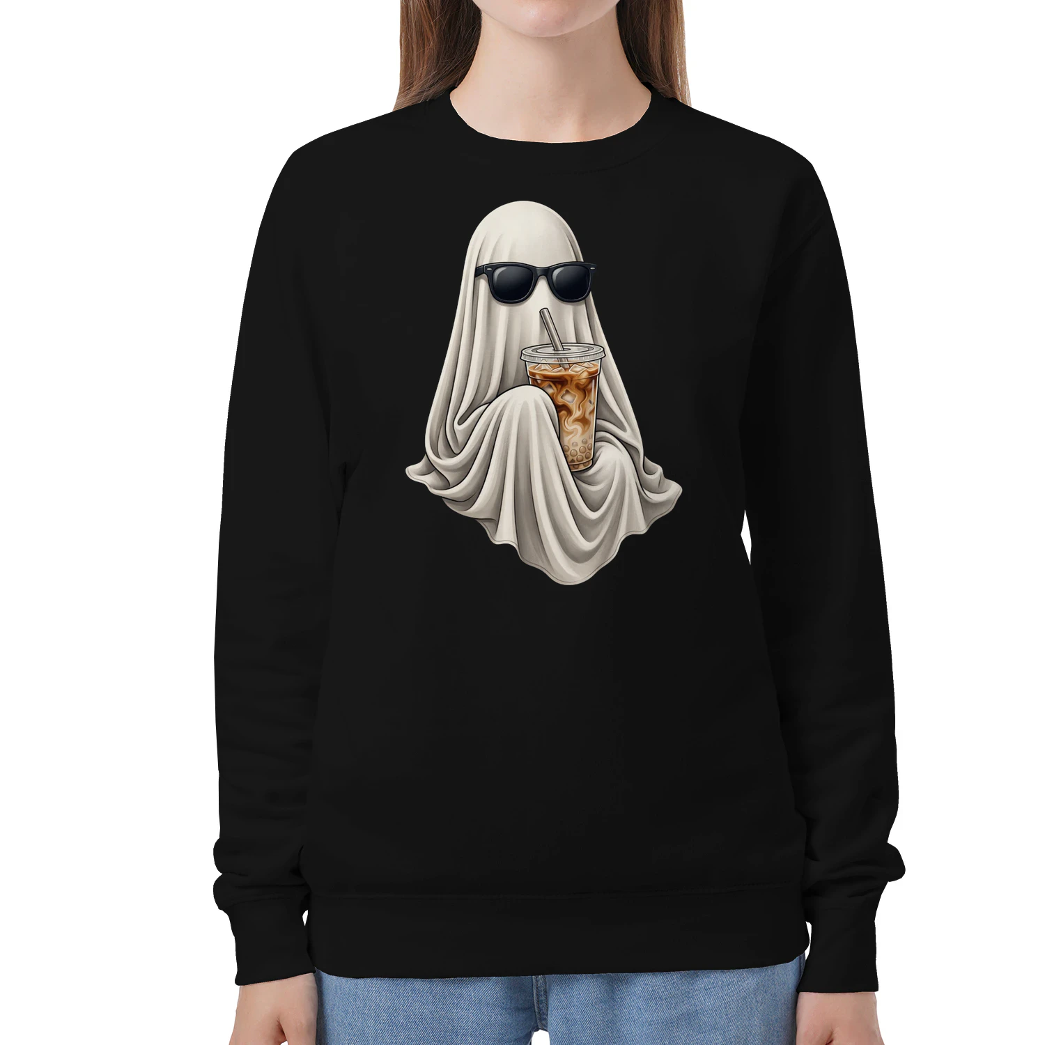 Ghost Drinking Coffee Sweatshirt, Retro Iced Latte Crewneck, Vintage Halloween Ghost Sweatshirt, Spooky Season Gift