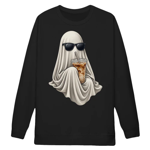 Ghost Drinking Coffee Sweatshirt, Retro Iced Latte Crewneck, Vintage Halloween Ghost Sweatshirt, Spooky Season Gift