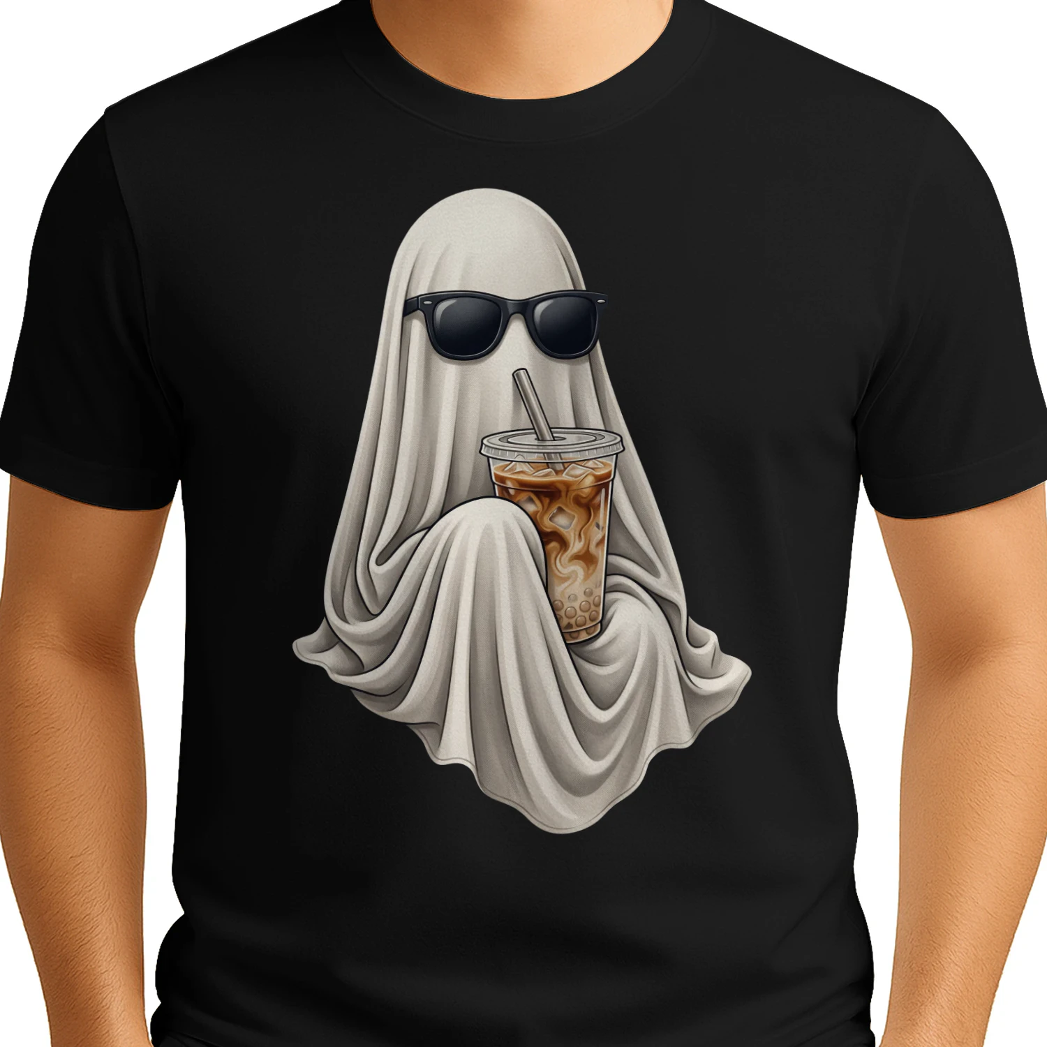 Ghost Drinking Coffee Shirt, Retro Iced Latte Tee, Vintage Halloween Ghost T-Shirt, Spooky Season Coffee Lover Gift
