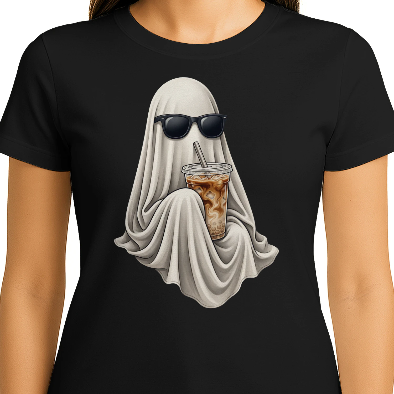Ghost Drinking Coffee Shirt, Retro Iced Latte Tee, Vintage Halloween Ghost T-Shirt, Spooky Season Coffee Lover Gift