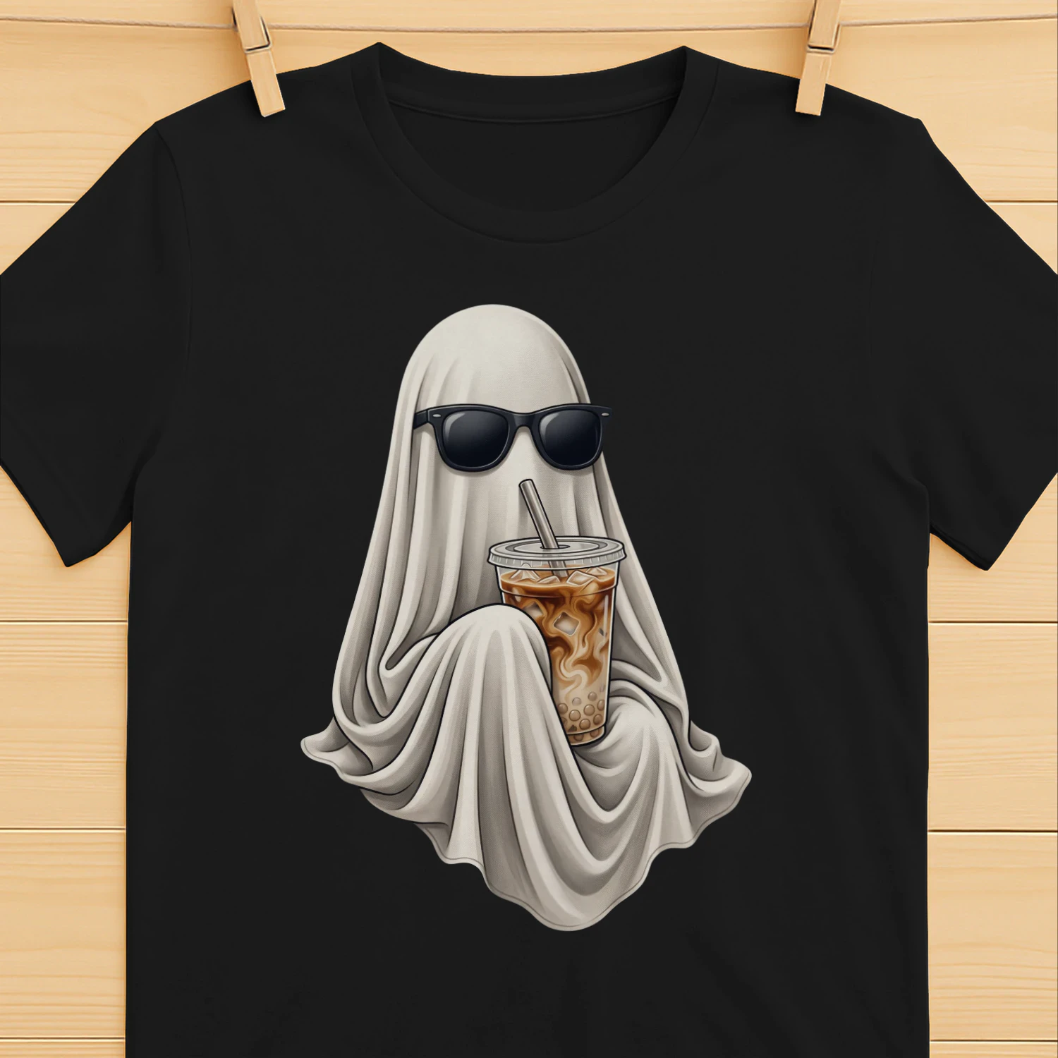 Ghost Drinking Coffee Shirt, Retro Iced Latte Tee, Vintage Halloween Ghost T-Shirt, Spooky Season Coffee Lover Gift