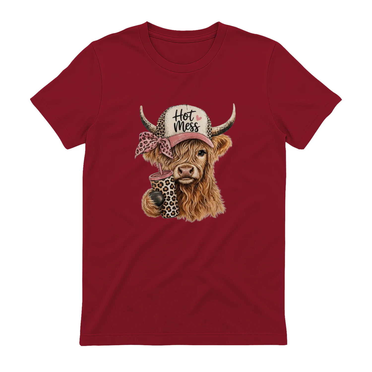 T-Shirt Graphique Vache Highland "Hot Mess" - Style Country Western, Casquette & Motif Léopard