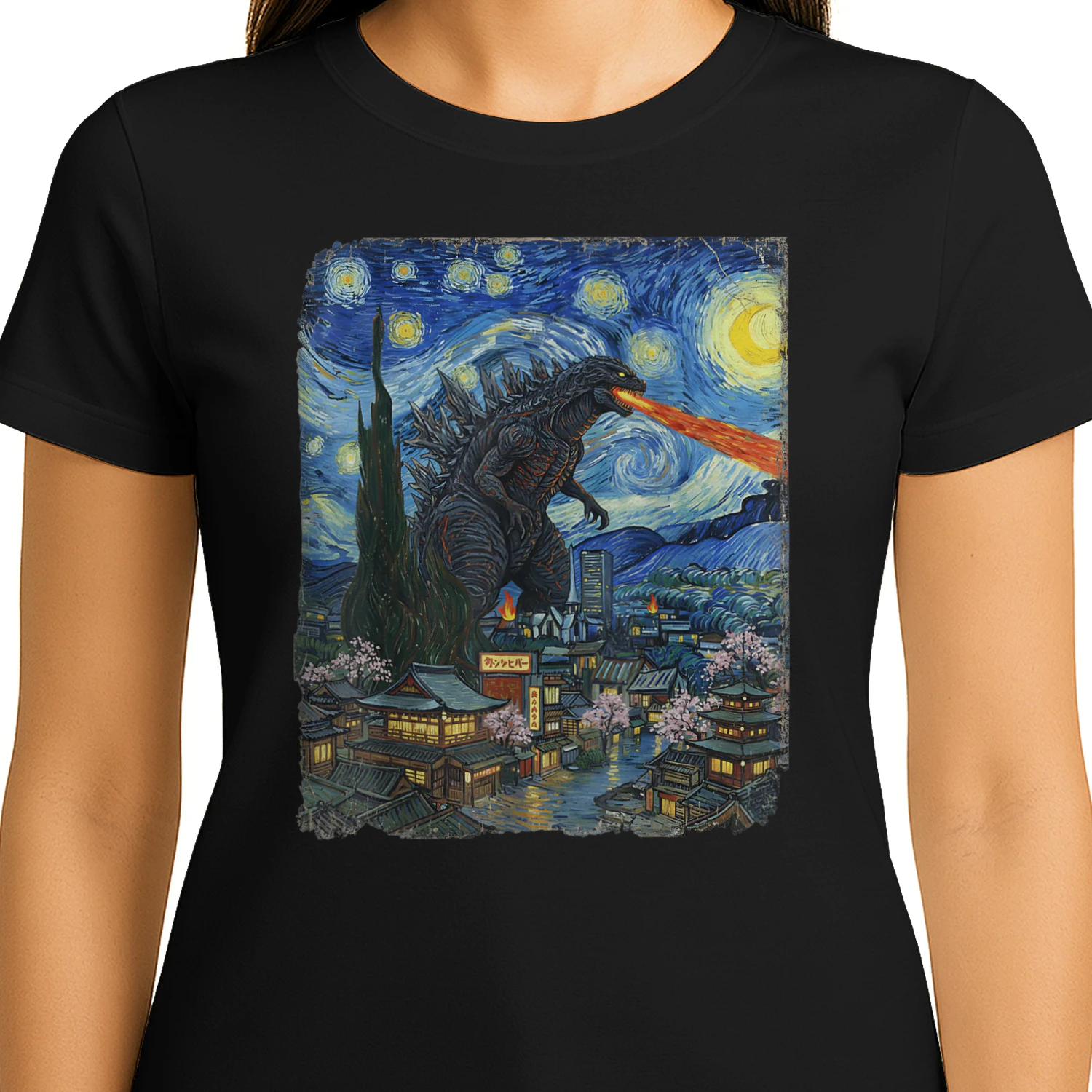 Japanese Kaiju Night Sky Vintage Graphic T-Shirt | Japanese Monster Art Tee for Anime & Streetwear Fans