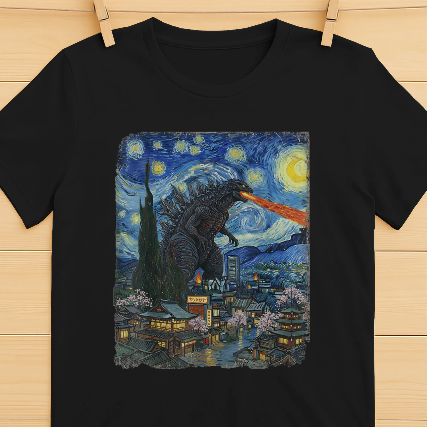 Japanese Kaiju Night Sky Vintage Graphic T-Shirt | Japanese Monster Art Tee for Anime & Streetwear Fans