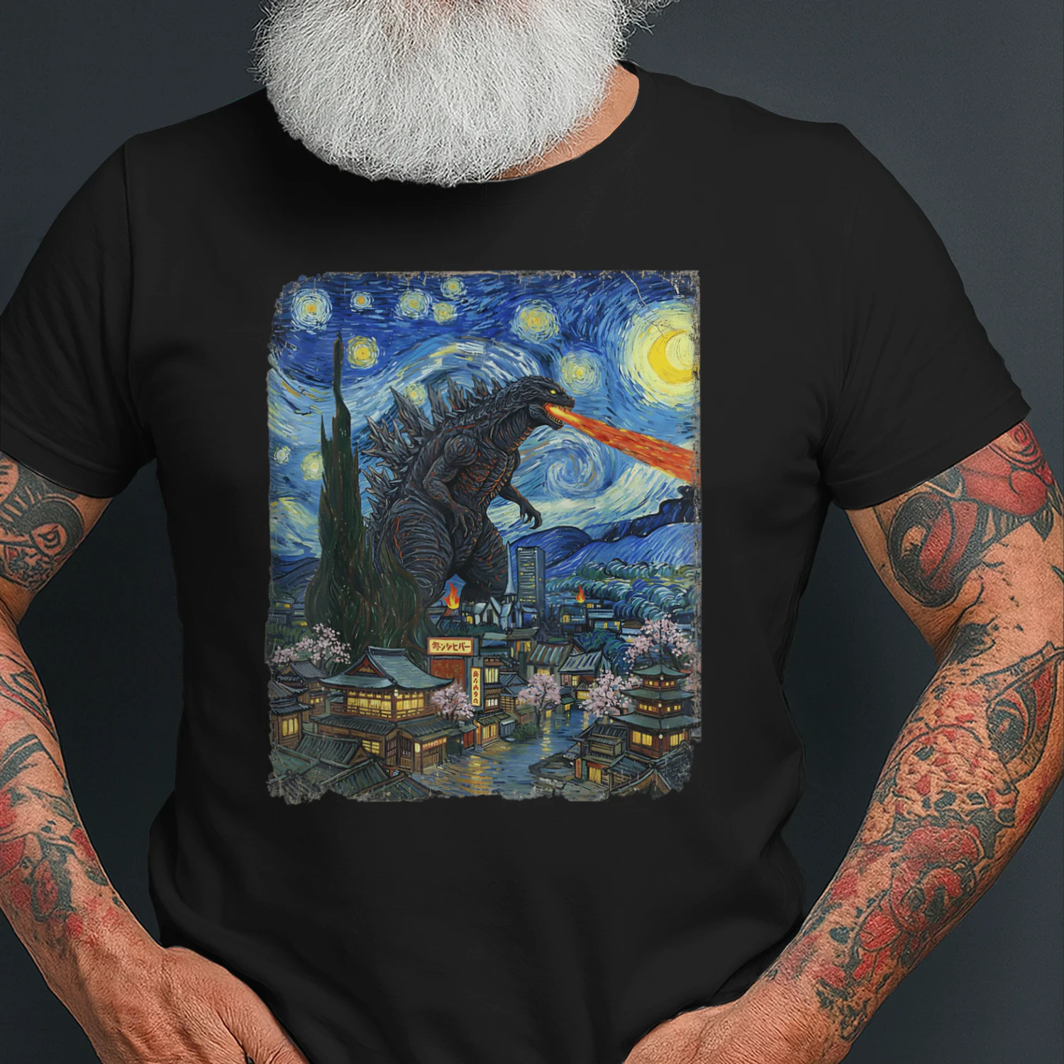 Japanese Kaiju Night Sky Vintage Graphic T-Shirt | Japanese Monster Art Tee for Anime & Streetwear Fans