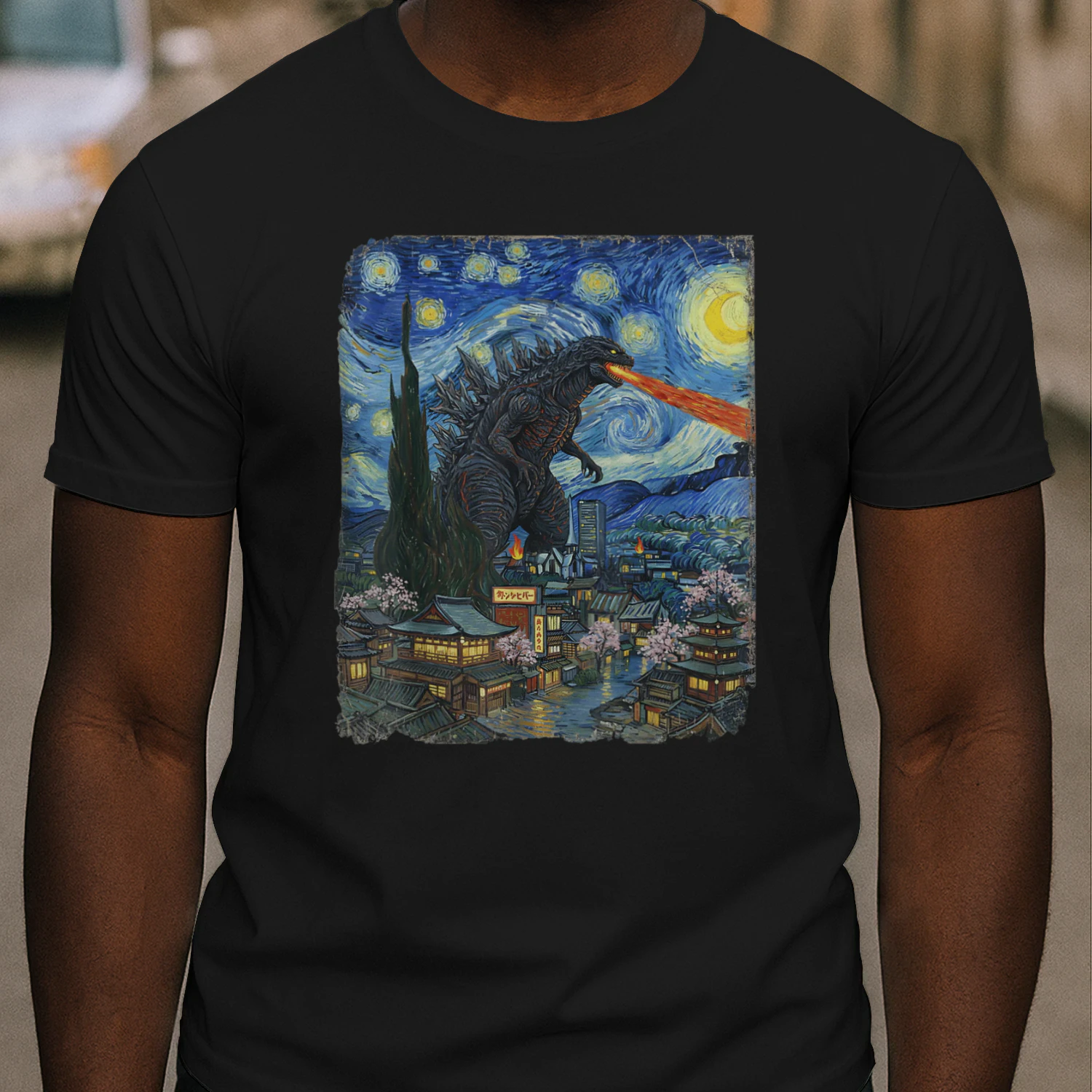 Japanese Kaiju Night Sky Vintage Graphic T-Shirt | Japanese Monster Art Tee for Anime & Streetwear Fans