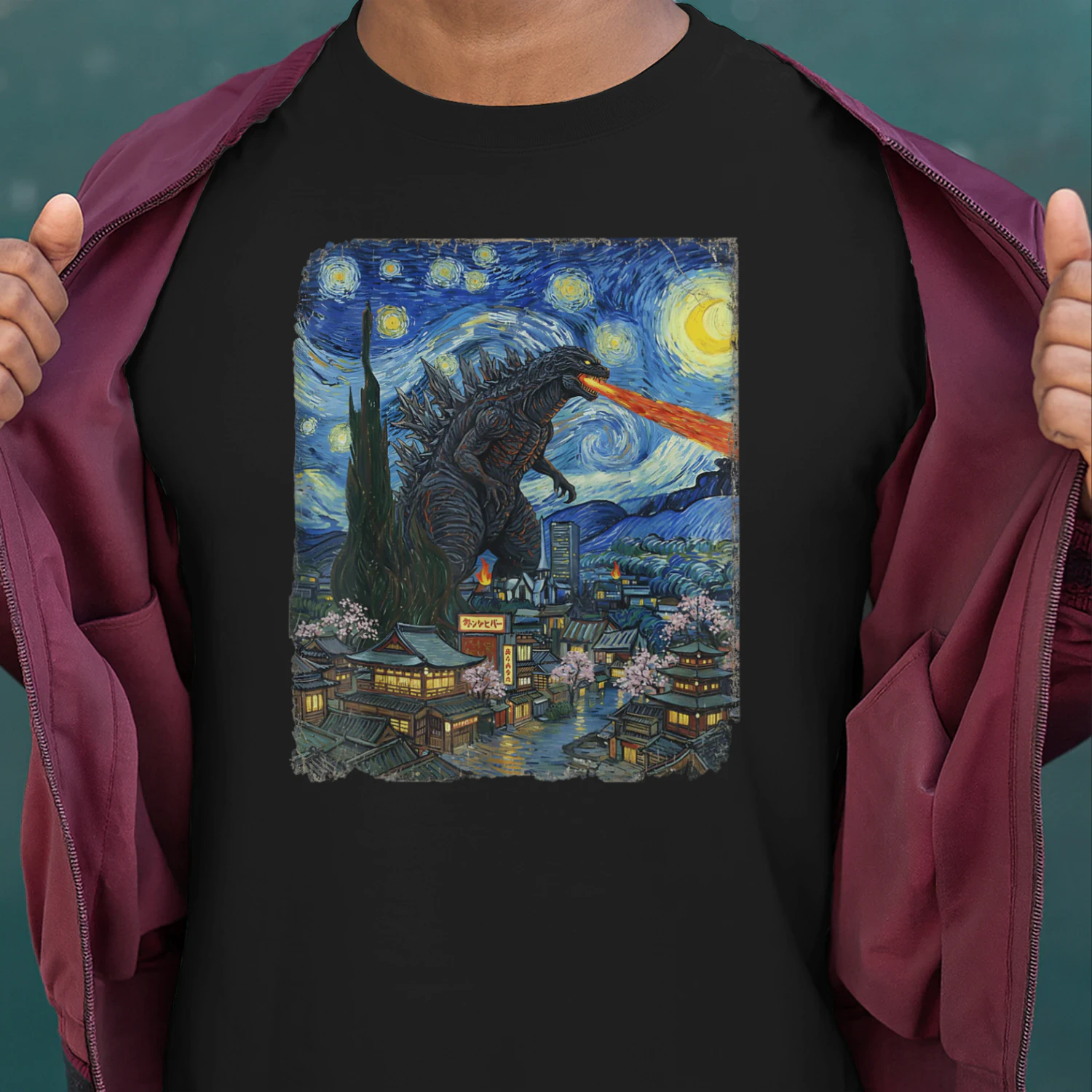 Japanese Kaiju Night Sky Vintage Graphic T-Shirt | Japanese Monster Art Tee for Anime & Streetwear Fans