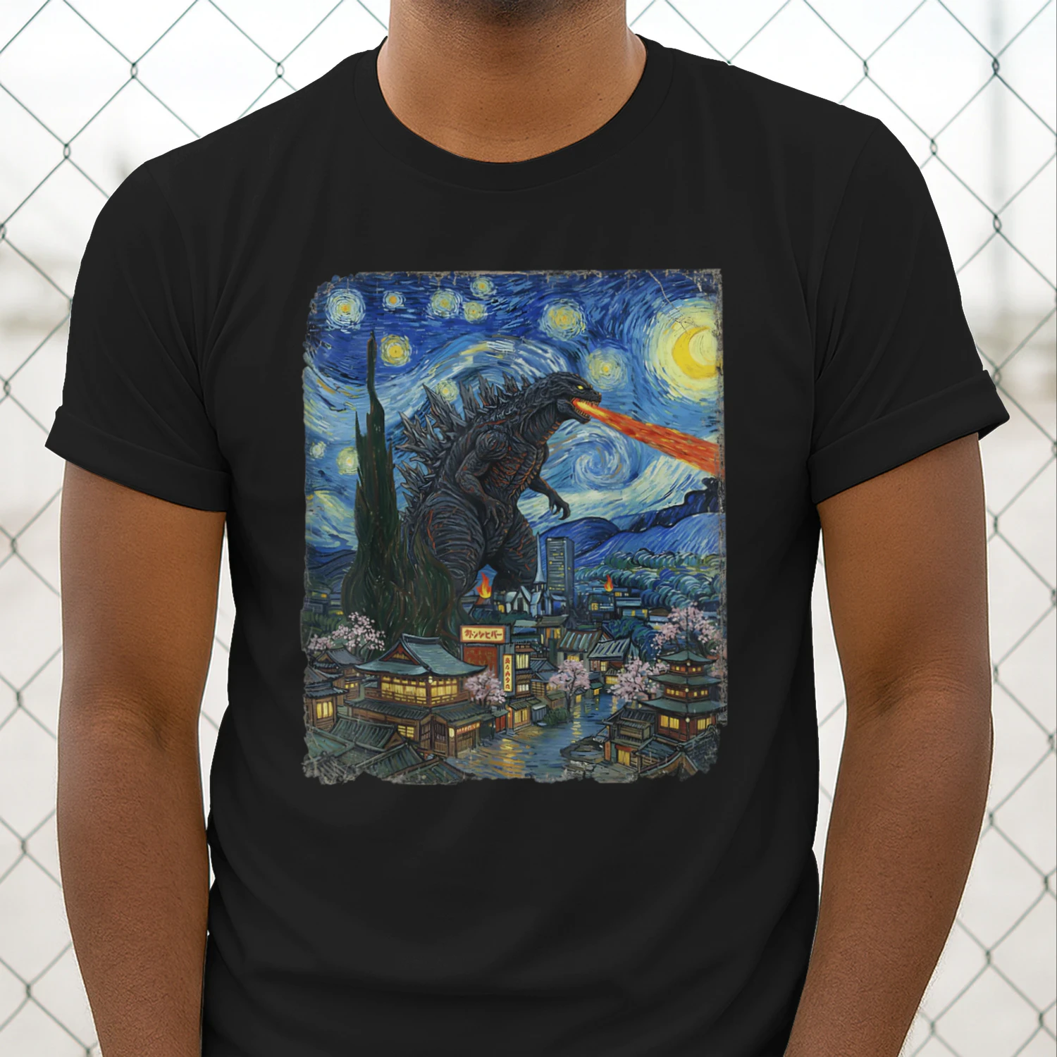 Japanese Kaiju Night Sky Vintage Graphic T-Shirt | Japanese Monster Art Tee for Anime & Streetwear Fans