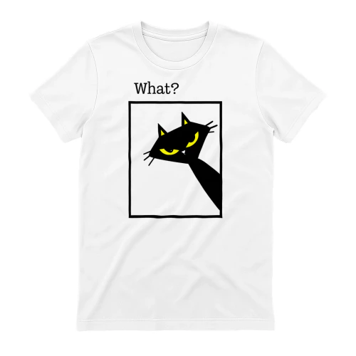 What? Black Cat Shirt – Funny Cat Reaction Tee, Minimalist Yellow Eyes Cat Design, Pet Lover Apparel
