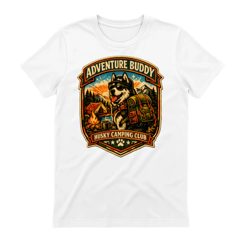 Adventure Buddy Husky Camping Club Shirt – Vintage Outdoor Dog Lover Tee, Hiking & Camping Badge Design