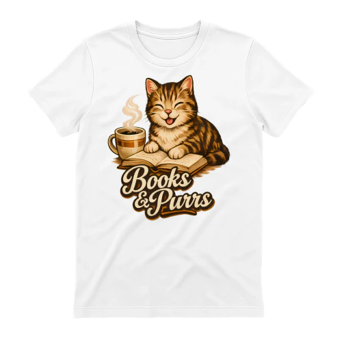 Books & Purrs Shirt – Cozy Cat Lover Tee, Bookish Reading Design, Warm Aesthetic Pet Graphic
