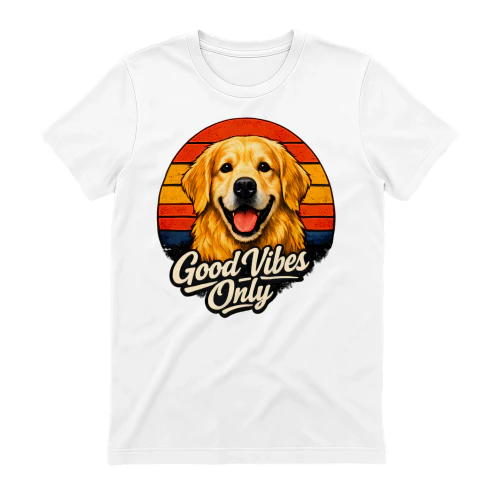 Good Vibes Only Golden Retriever Shirt – Retro Sunset Dog Lover Tee, Positive Vibes Pet Design