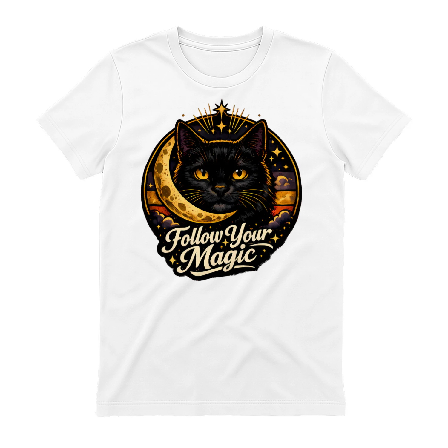 Follow Your Magic Shirt – Mystical Black Cat Tee, Celestial Moon & Stars Design, Witchy Aesthetic Apparel