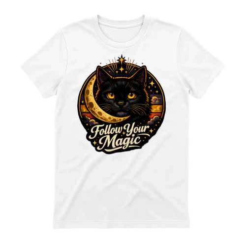 Follow Your Magic Shirt – Mystical Black Cat Tee, Celestial Moon & Stars Design, Witchy Aesthetic Apparel