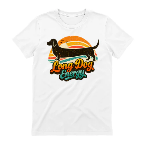Long Dog Energy Shirt – Distressed Retro Dachshund Lover Tee, Vintage Sunset Dog Silhouette, Funny Pet Design