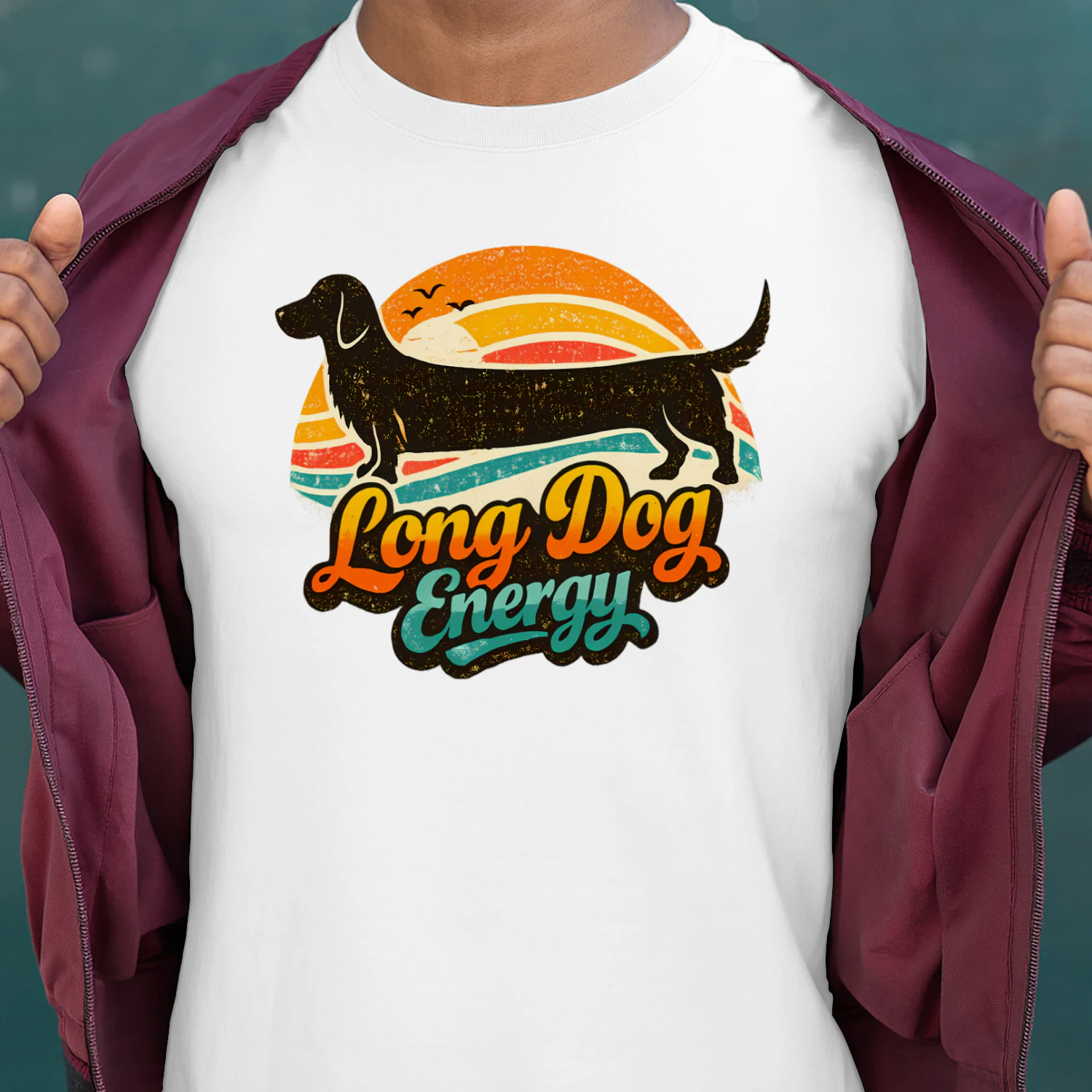 Long Dog Energy – Retro Sunset Dachshund Tee, Funny Wiener Dog Gift, Vintage Dog Lover Apparel