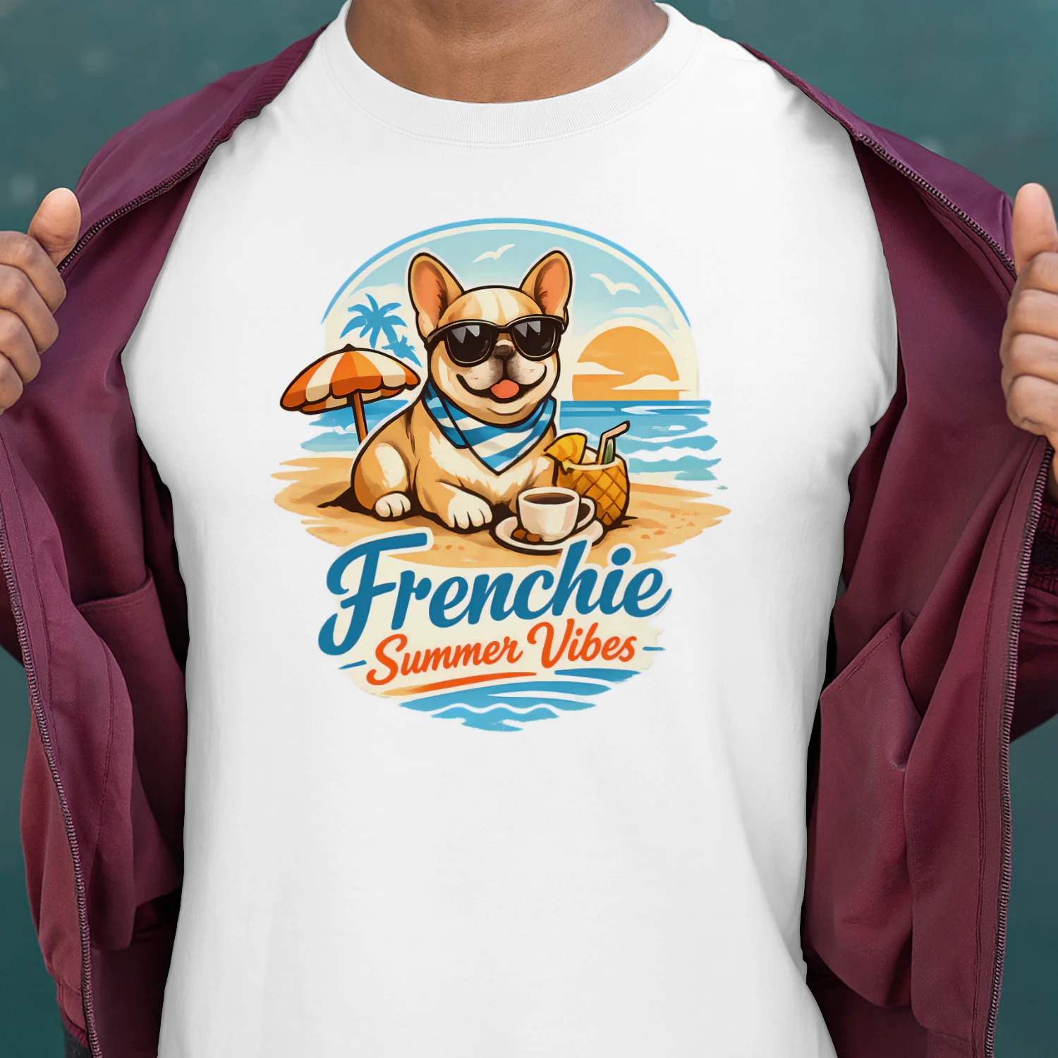Frenchie Summer Vibes Shirt – Tropical Beach Dog Lover Tee, Cute French Bulldog Vacation Design