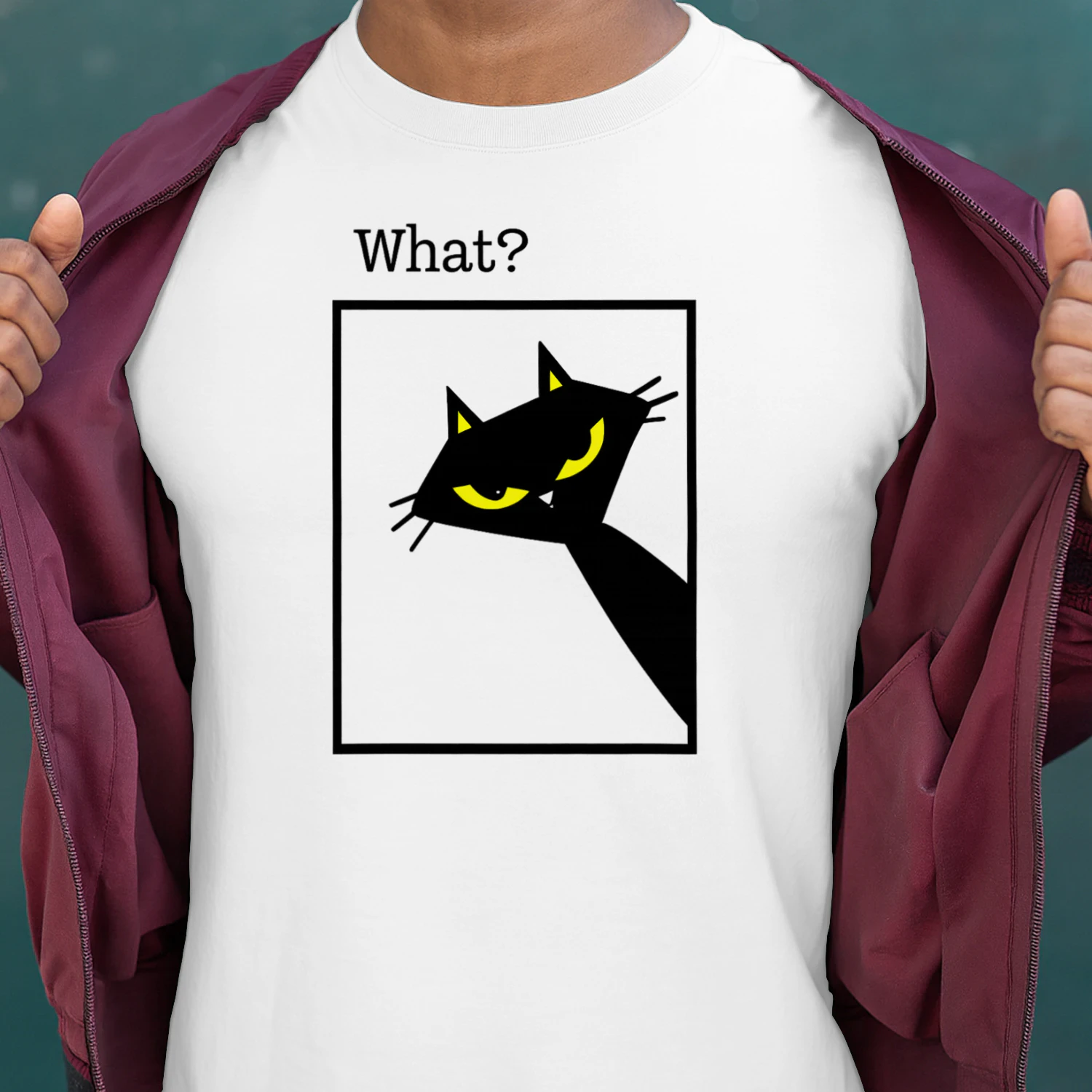 What? Black Cat Shirt – Funny Cat Reaction Tee, Minimalist Yellow Eyes Cat Design, Pet Lover Apparel