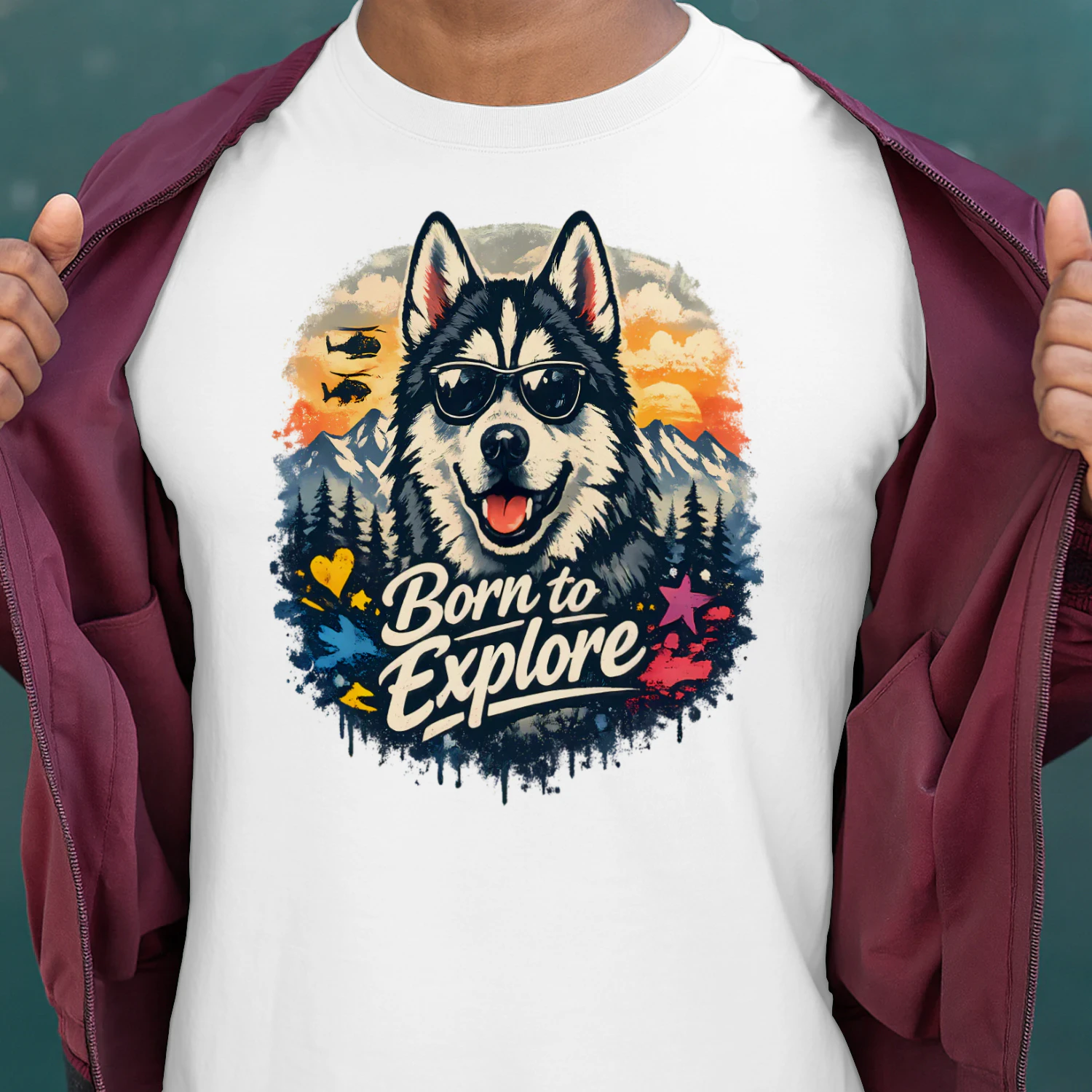 Born to Explore Husky Shirt – Adventure Dog Lover Tee, Mountain Sunset Outdoor Design, Vibrant Pet Graphic