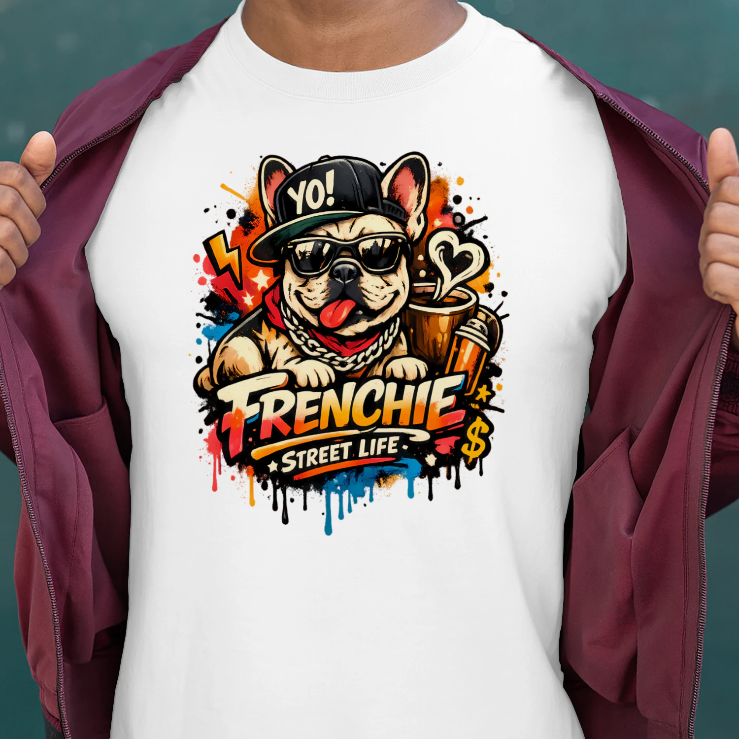 Frenchie Street Life Shirt – Graffiti French Bulldog Tee, Neon Urban Style, Funny Attitude Dog Lover Design