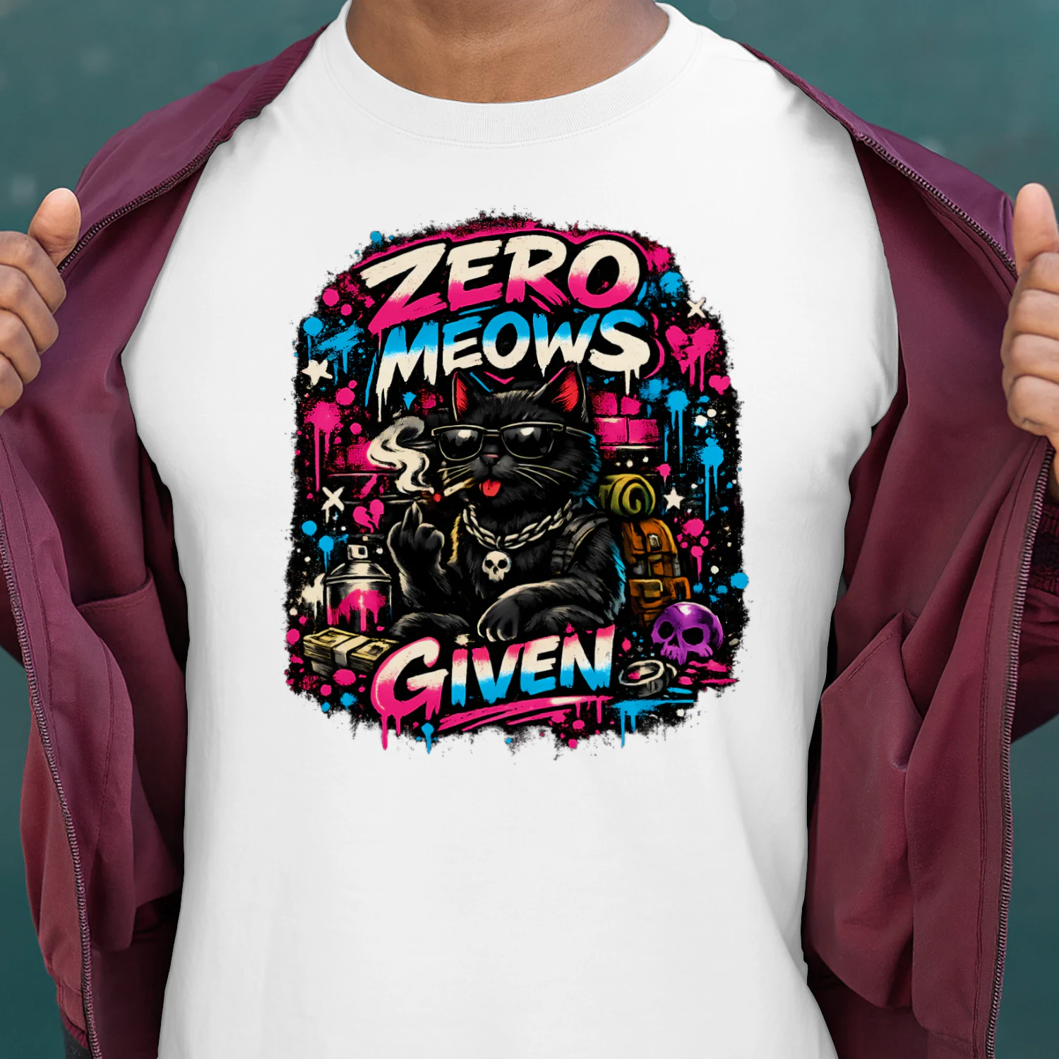 Zero Meows Given Shirt – Graffiti Street Cat Tee, Neon Urban Style, Funny Attitude Pet Lover Design