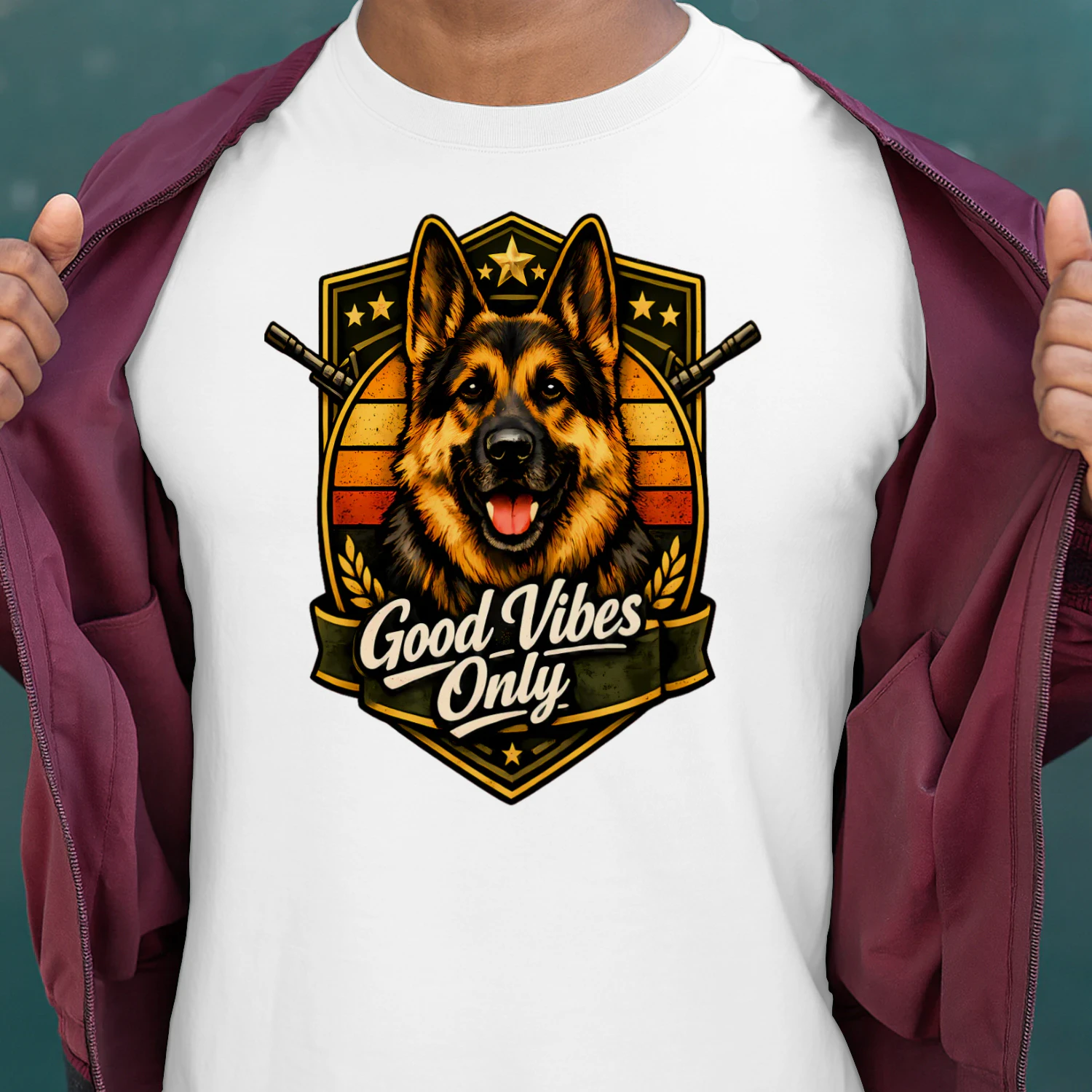 Good Vibes Only German Shepherd Shirt – Military Badge Dog Lover Tee, Retro Sunset Strong Pet Design