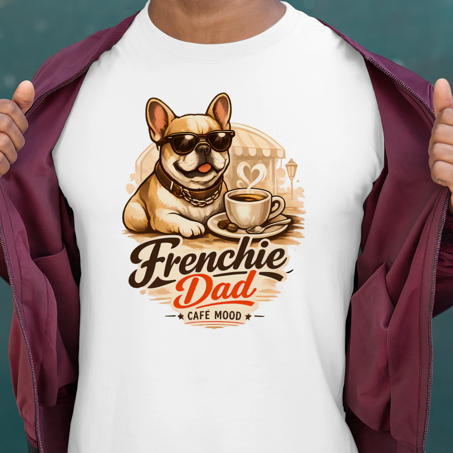 Frenchie Dad Café Mood Shirt – Cozy Coffee Lover Tee, Cute French Bulldog Café Design