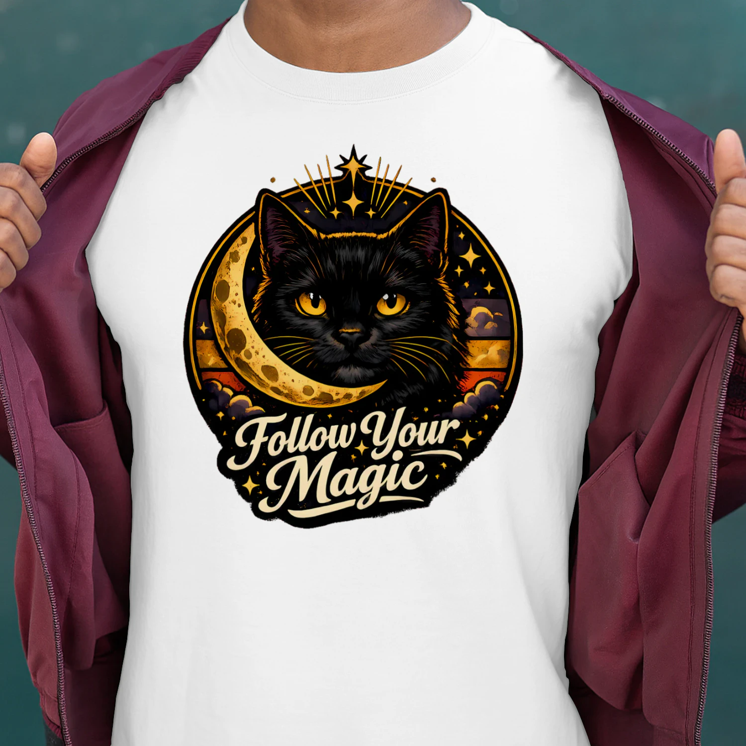 Follow Your Magic Shirt – Mystical Black Cat Tee, Celestial Moon & Stars Design, Witchy Aesthetic Apparel
