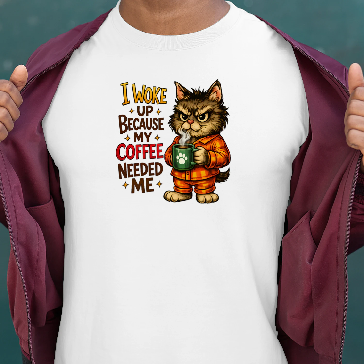 I Woke Up Because My Coffee Needed Me – Grumpy Pajama Cat Coffee Lover Tee, Funny Morning Humor Design