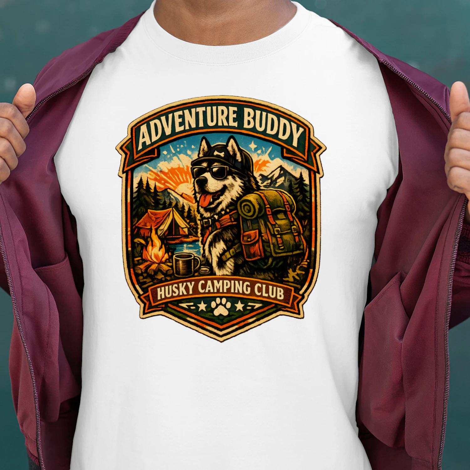 Adventure Buddy Husky Camping Club Shirt – Vintage Outdoor Dog Lover Tee, Hiking & Camping Badge Design
