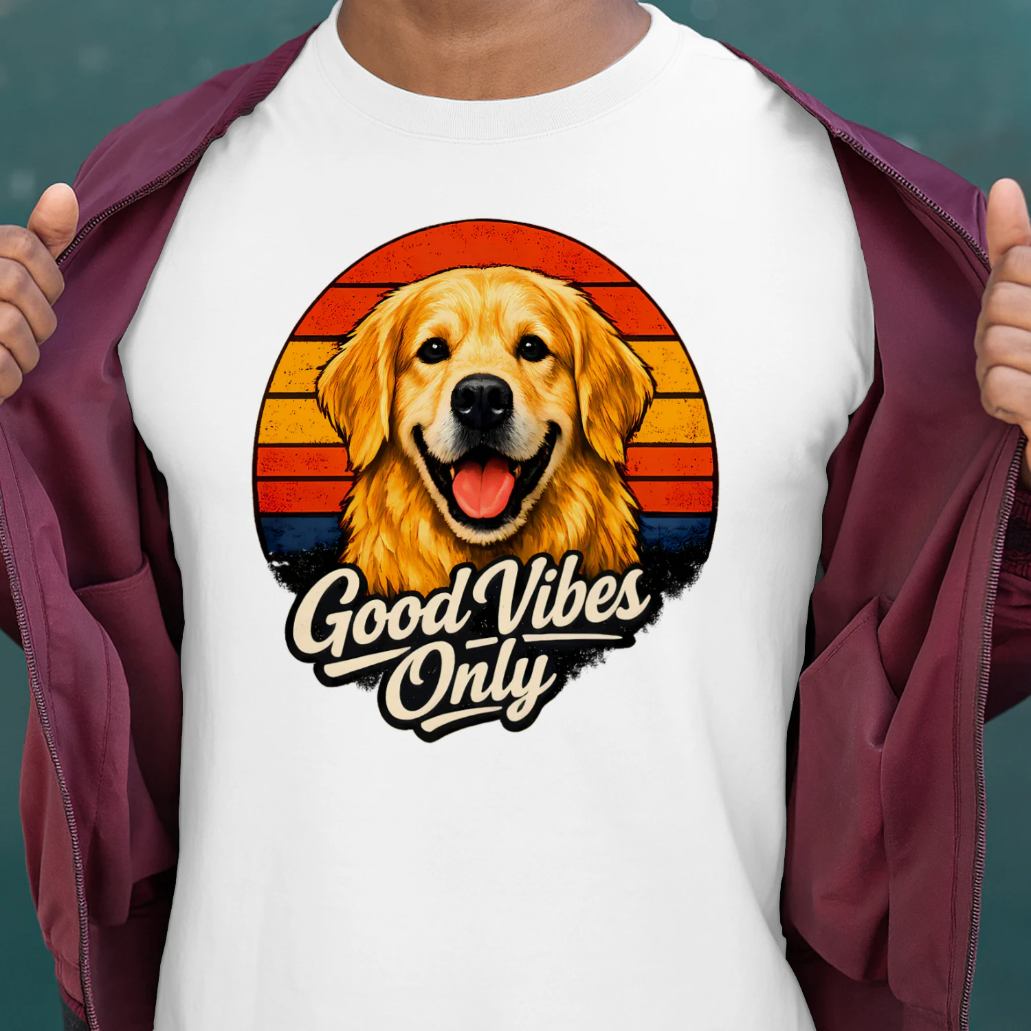 Good Vibes Only Golden Retriever Shirt – Retro Sunset Dog Lover Tee, Positive Vibes Pet Design