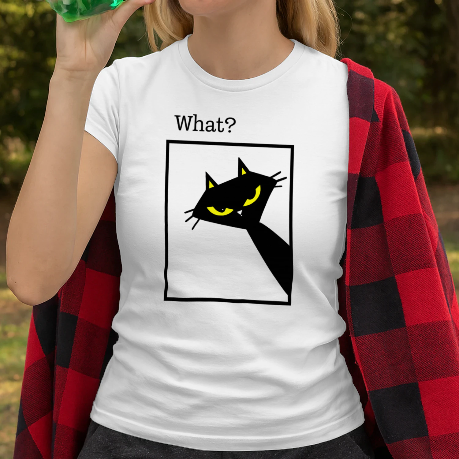 What? Black Cat Shirt – Funny Cat Reaction Tee, Minimalist Yellow Eyes Cat Design, Pet Lover Apparel