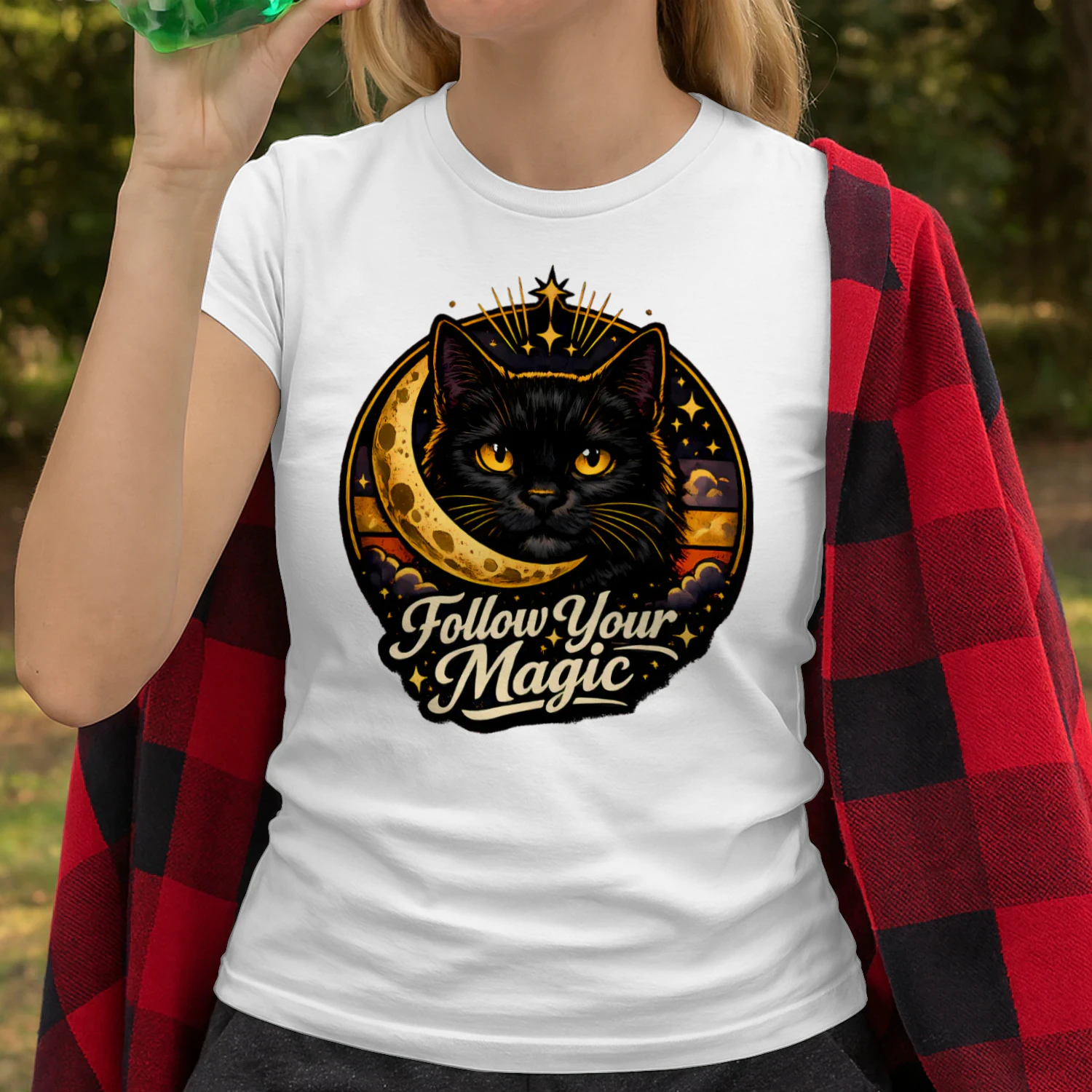 Follow Your Magic Shirt – Mystical Black Cat Tee, Celestial Moon & Stars Design, Witchy Aesthetic Apparel