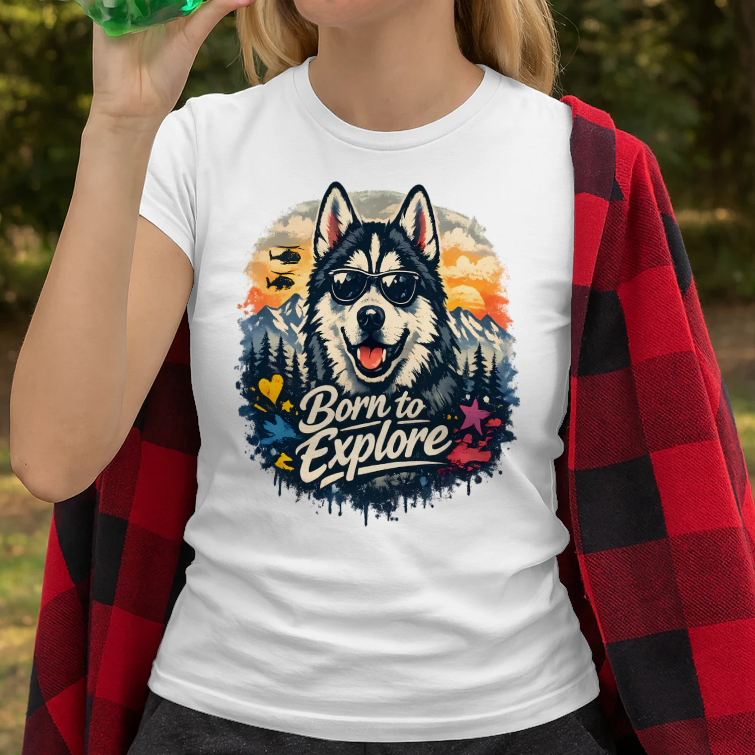 Born to Explore Husky Shirt – Adventure Dog Lover Tee, Mountain Sunset Outdoor Design, Vibrant Pet Graphic