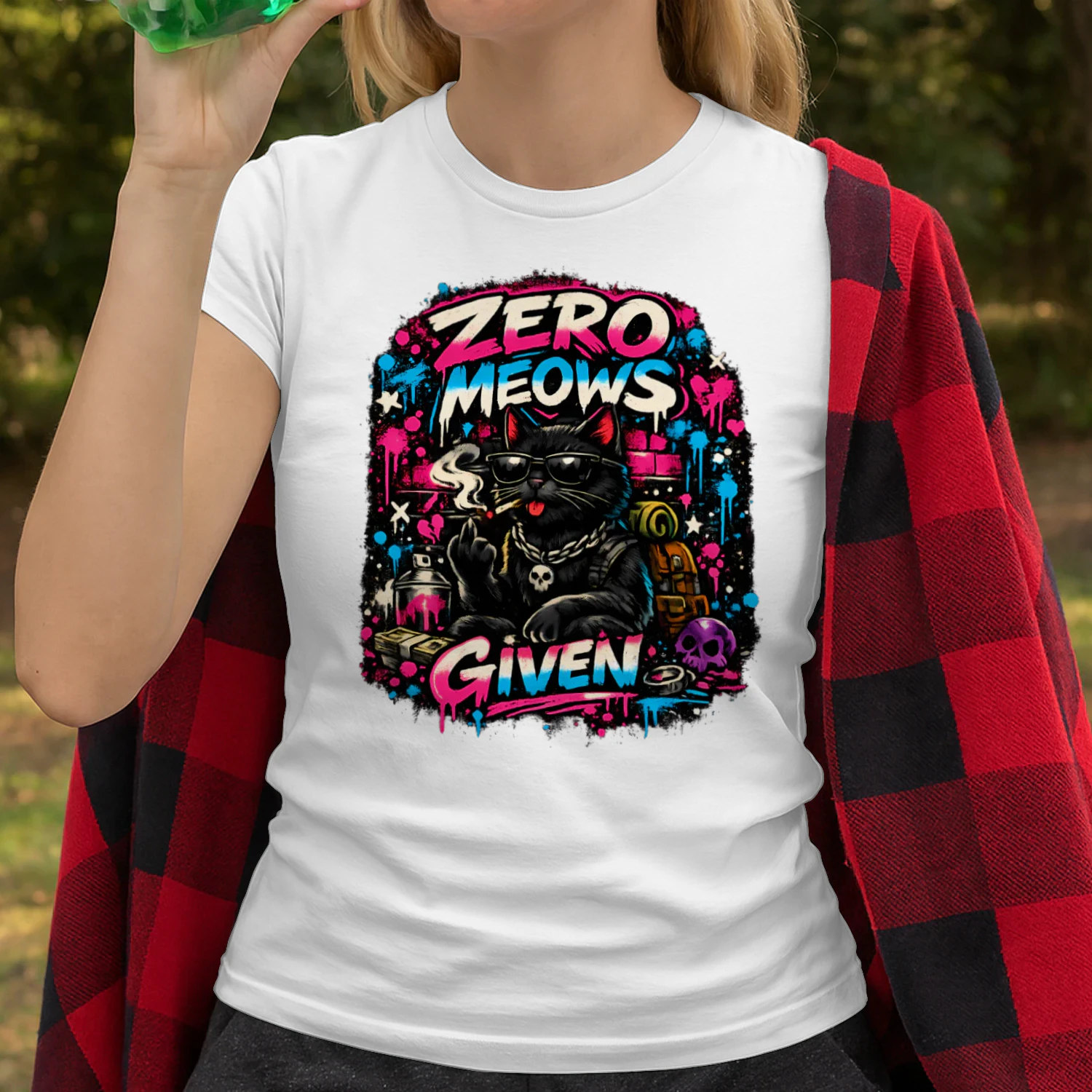 Zero Meows Given Shirt – Graffiti Street Cat Tee, Neon Urban Style, Funny Attitude Pet Lover Design