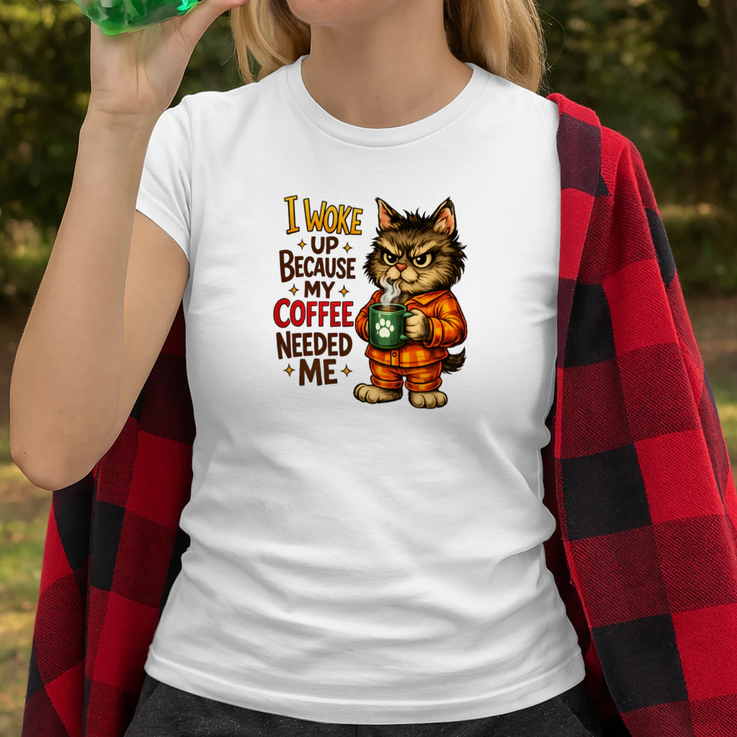 I Woke Up Because My Coffee Needed Me – Grumpy Pajama Cat Coffee Lover Tee, Funny Morning Humor Design