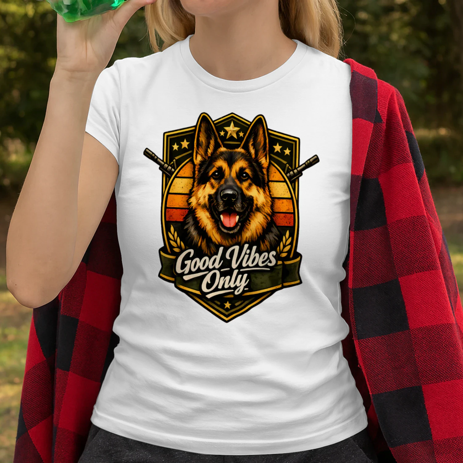 Good Vibes Only German Shepherd Shirt – Military Badge Dog Lover Tee, Retro Sunset Strong Pet Design