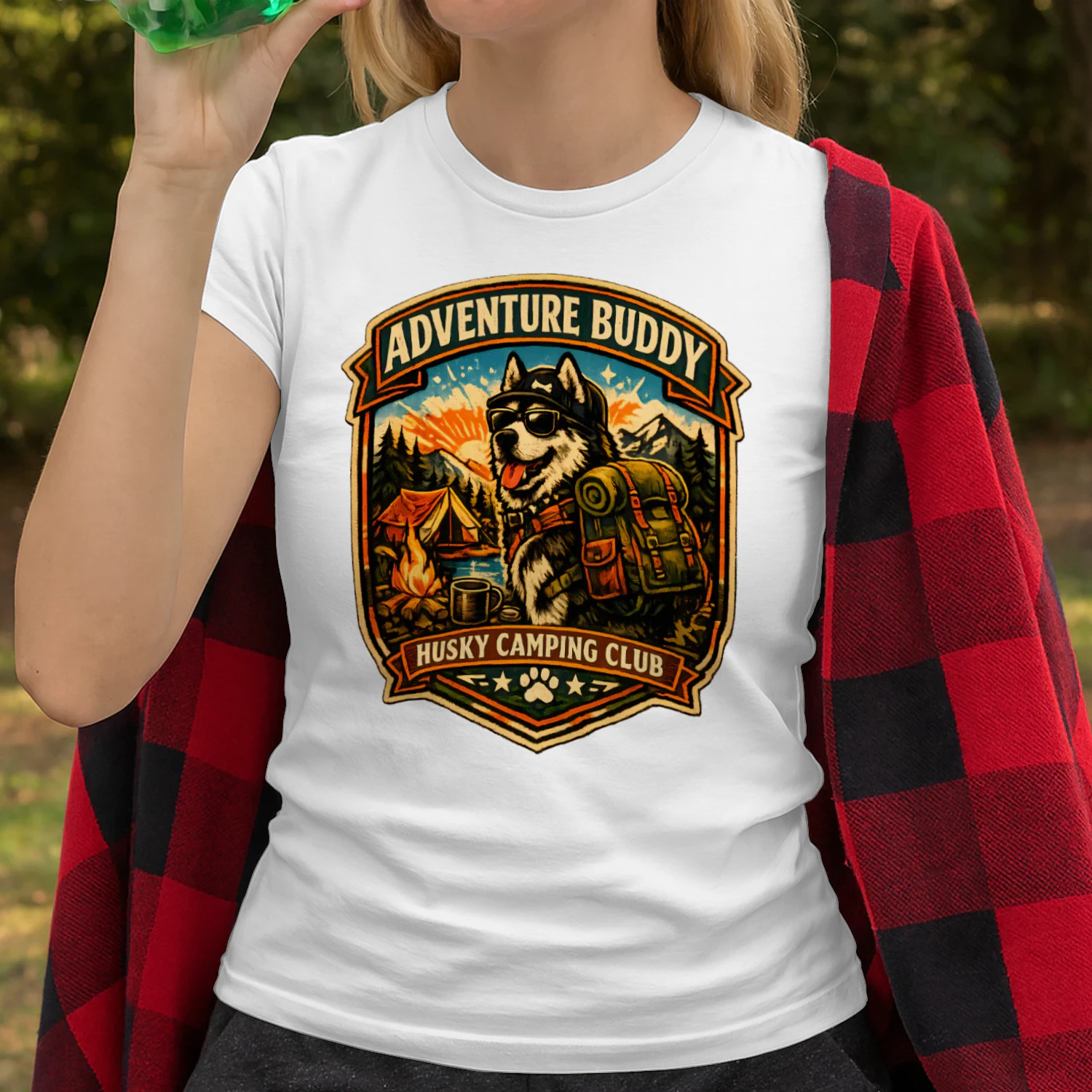 Adventure Buddy Husky Camping Club Shirt – Vintage Outdoor Dog Lover Tee, Hiking & Camping Badge Design
