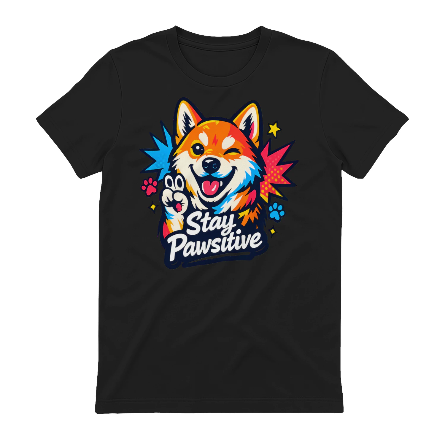 Stay Pawsitive Shiba Inu Shirt  – Comic Book Dog Lover Tee, Pop Art Style, Vibrant Color Burst Pet Design