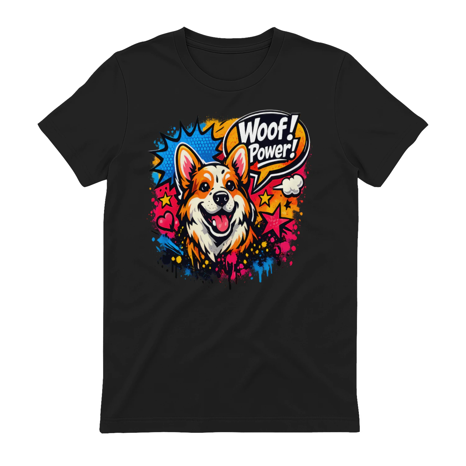 Woof! Power! Corgi Shirt – Pop Art Dog Lover Tee, Comic Book Style, Vibrant Color Splash Pet Design