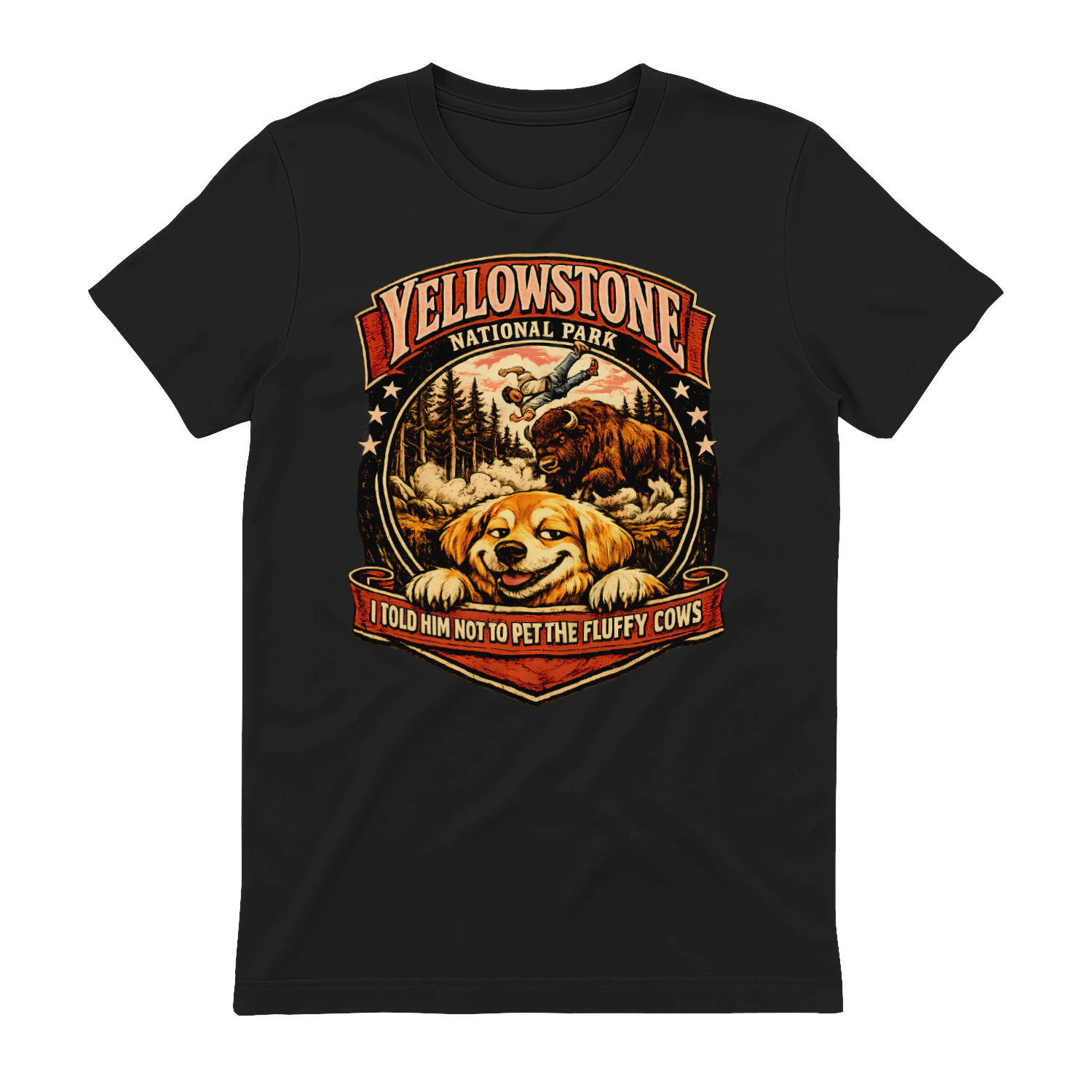 Yellowstone National Park Funny Dog Mug 11oz – I Told Him Not to Pet the Fluffy Cows Tee, Retro Camping Humor Gift for Men & Women