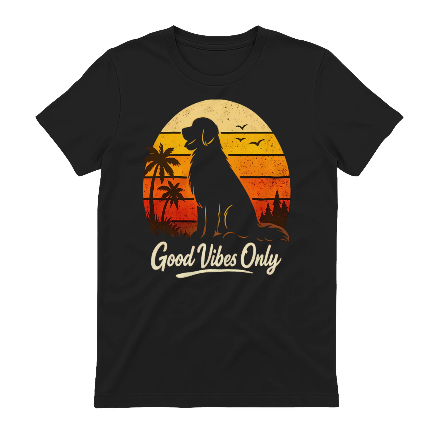 Good Vibes Only Dog Silhouette Shirt – Retro Sunset Tee, Tropical & Forest Mixed Design, Positive Vibes Pet Graphic