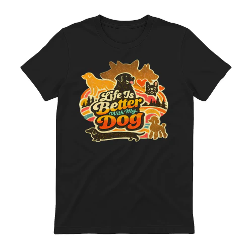 Life Is Better With My Dog Shirt – Retro Vintage Dog Lover Tee, Multi‑Breed Silhouettes, Warm Sunset Pet Design