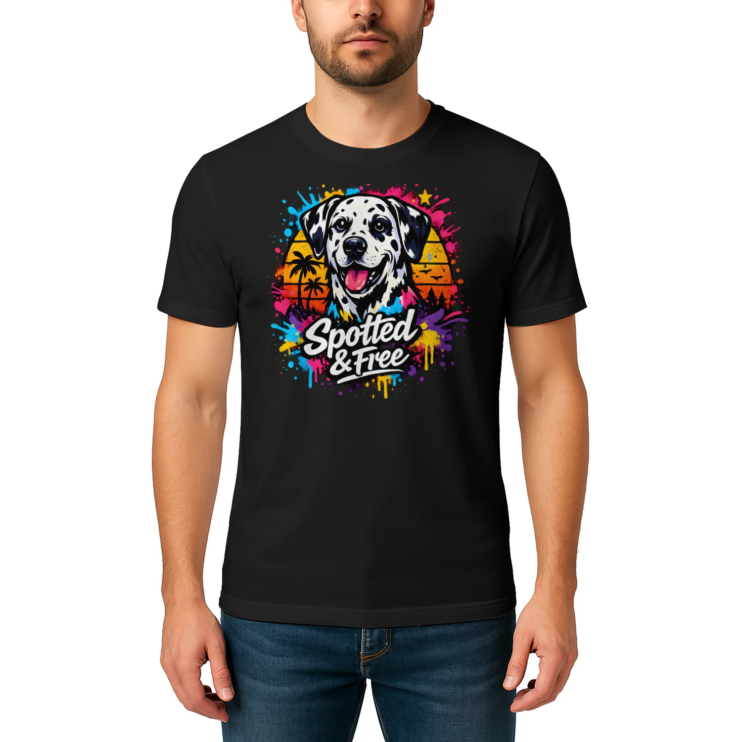 Spotted & Free Dalmatian Shirt – Tropical Sunset Dog Lover Tee, Vibrant Color Splash Pet Design