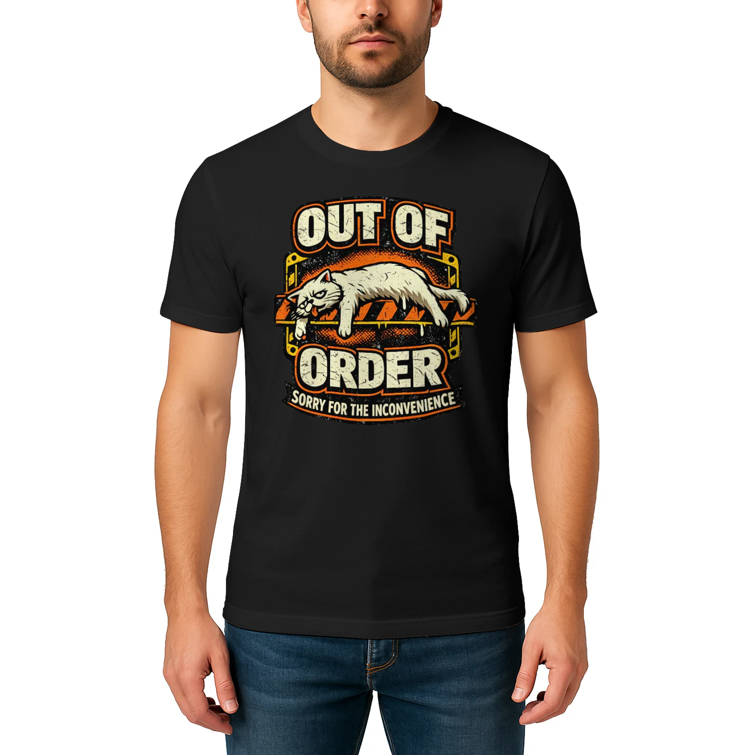 Out of Order Funny Cat Shirt – Lazy Humor Tee, Sarcastic Animal Lover Gift, Grunge Style Apparel for Men & Women