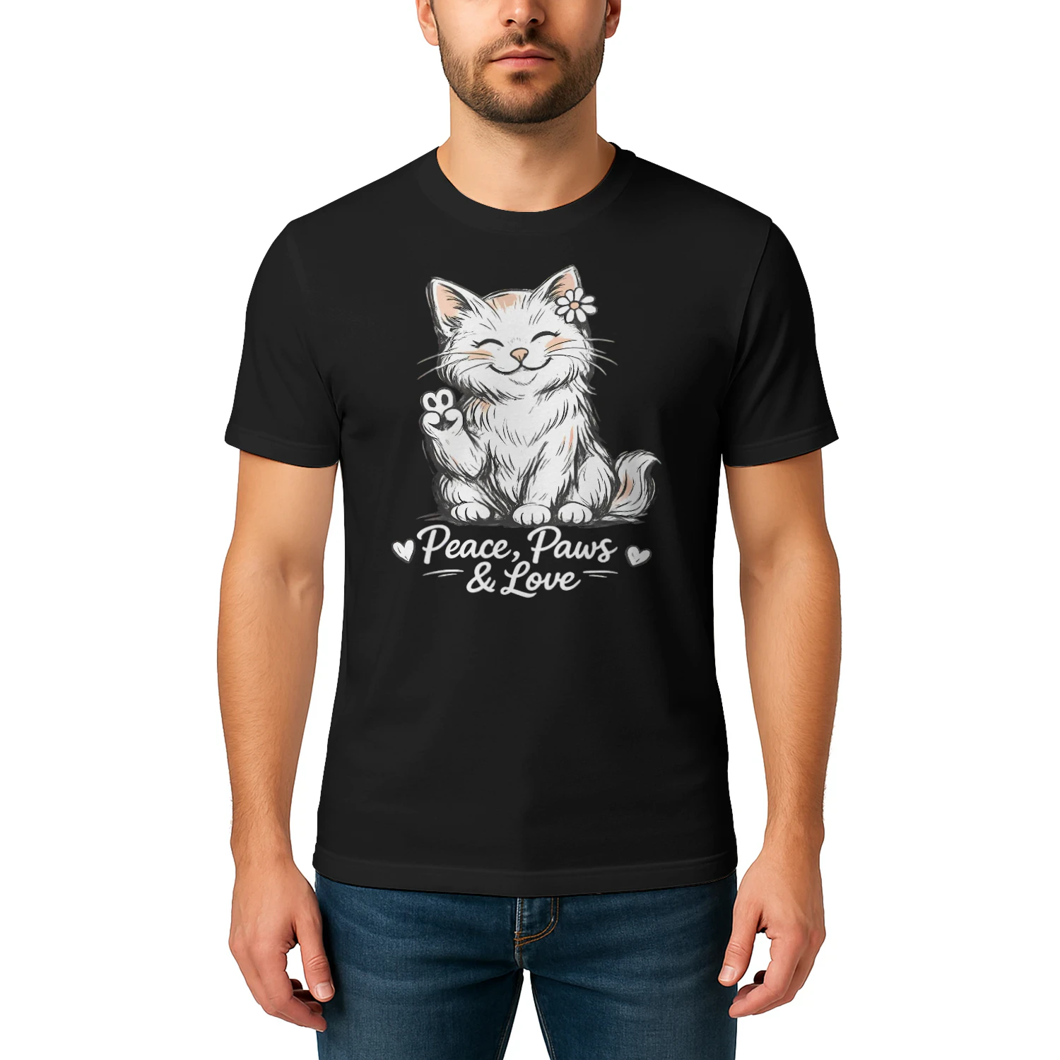 Peace, Paws & Love Cat Shirt – Cute Cartoon Cat Lover Tee, Positive Vibes Pet Design, Soft Aesthetic Graphic